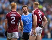 11 August 2018; Jack McCaffrey of Dublin shakes hands with Declan Kyne, left, and Seán Andy Ó Ceallaigh of Galway following the GAA Football All-Ireland Senior Championship semi-final match between Dublin and Galway at Croke Park in Dublin.  Photo by Seb Daly/Sportsfile