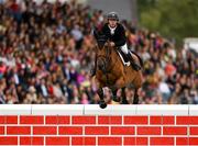 11 August 2018; Michael Pender of Ireland on Hearton Du Bois H during the Land Rover Puissance during the StenaLine Dublin Horse Show at the RDS Arena in Dublin. Photo by Harry Murphy/Sportsfile