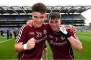 11 August 2018; Galway's Tomo Culhane, left, and Cathal Sweeney celebrate after the Electric Ireland GAA Football All-Ireland Minor Championship semi-final match between Galway and Meath at Croke Park in Dublin. Photo by Piaras Ó Mídheach/Sportsfile