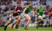 11 August 2018; Aidan Halloran of Galway in action against Cian McBride of Meath during the Electric Ireland GAA Football All-Ireland Minor Championship semi-final match between Galway and Meath at Croke Park in Dublin. Photo by Ray McManus/Sportsfile