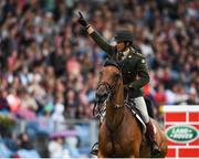 11 August 2018; Captain Geoff Curran of Ireland competing on Dollanstown celebrates during the Land Rover Puissance during the StenaLine Dublin Horse Show at the RDS Arena in Dublin. Photo by Harry Murphy/Sportsfile