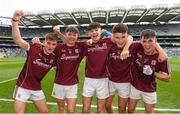 11 August 2018; Galway players, from left, Seán Black, Tony Gill, Conor Halbard, Tomo Culhane, and Cathal Sweeney celebrate after the Electric Ireland GAA Football All-Ireland Minor Championship semi-final match between Galway and Meath at Croke Park in Dublin. Photo by Piaras Ó Mídheach/Sportsfile