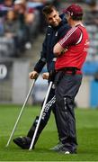 11 August 2018; Injured Galway player Paul Conroy with team doctor, Dr Enda Devitt, before the GAA Football All-Ireland Senior Championship semi-final match between Dublin and Galway at Croke Park in Dublin.  Photo by Piaras Ó Mídheach/Sportsfile