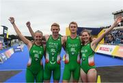 11 August 2018; Team Ireland, from left, Laura Wylie, Russell White, Benjamin Shaw and Orla Walsh after finishing the Mixed Relay Triathlon during day ten of the 2018 European Championships at Strathclyde Country Park in Glasgow, Scotland. Photo by David Fitzgerald/Sportsfile