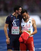 11 August 2018; Adam Kszczot of Poland, right, is congratulated by Pierre-Ambroise Bosse of France, after winning the Men's 800m final during Day 5 of the 2018 European Athletics Championships at The Olympic Stadium in Berlin, Germany. Photo by Sam Barnes/Sportsfile