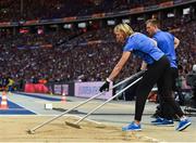 11 August 2018; German long jump legend Heike Dreschler raking the sand for the Women's Long Jump final during Day 5 of the 2018 European Athletics Championships at The Olympic Stadium in Berlin, Germany. Photo by Sam Barnes/Sportsfile