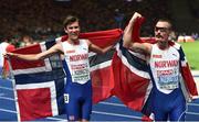 11 August 2018; Gold medallist Jakob, left, and sliver medallist Henrik Ingebrigtsen of Norway celebrate after the Men's 5000m Final during Day 5 of the 2018 European Athletics Championships at The Olympic Stadium in Berlin, Germany. Photo by Sam Barnes/Sportsfile
