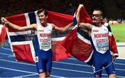 11 August 2018; Gold medallist Jakob, left, and sliver medallist Henrik Ingerbrigtsen of Norway celebrate after the Men's 5000m Final during Day 5 of the 2018 European Athletics Championships at The Olympic Stadium in Berlin, Germany. Photo by Sam Barnes/Sportsfile