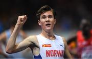 11 August 2018; Jakob Ingebrigtsen of Norway celebrates winning the Men's 5000m Final during Day 5 of the 2018 European Athletics Championships at The Olympic Stadium in Berlin, Germany. Photo by Sam Barnes/Sportsfile