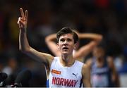 11 August 2018; Jakob Ingebrigtsen of Norway celebrates winning the Men's 5000m Final during Day 5 of the 2018 European Athletics Championships at The Olympic Stadium in Berlin, Germany. Photo by Sam Barnes/Sportsfile