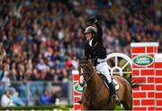 11 August 2018; Richard Howley of Ireland competing on CMS Tallulah celebrates during the Land Rover Puissance during the StenaLine Dublin Horse Show at the RDS Arena in Dublin. Photo by Harry Murphy/Sportsfile