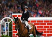 11 August 2018; Michael Pender of Ireland on Hearton Du Bois H celebrates during the Land Rover Puissance during the StenaLine Dublin Horse Show at the RDS Arena in Dublin. Photo by Harry Murphy/Sportsfile