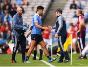 11 August 2018; Cian O'Sullivan with Dublin manager Jim Gavin as he leaves the field after picking up an injury during the GAA Football All-Ireland Senior Championship semi-final match between Dublin and Galway at Croke Park in Dublin. Photo by Stephen McCarthy/Sportsfile