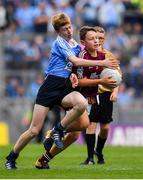 11 August 2018; Cahal McKaigue, St. Patricks PS Glen, Maghera, Derry, representing Galway, in action against Conor Yelland, St. Anthony’s BNS, Ballinlough, Cork, representing Dublin, during the INTO Cumann na mBunscol GAA Respect Exhibition Go Games at the GAA Football All-Ireland Senior Championship Semi Final match between Dublin and Galway at Croke Park in Dublin.  Photo by Brendan Moran/Sportsfile