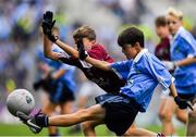 11 August 2018; Joey Dalton, Borris NS, Borris, Carlow, representing Dublin, in action against David Duffy, St.  Mary’s NS Glaslough, Monaghan, representing Galway, during the INTO Cumann na mBunscol GAA Respect Exhibition Go Games at the GAA Football All-Ireland Senior Championship Semi Final match between Dublin and Galway at Croke Park in Dublin.  Photo by Brendan Moran/Sportsfile