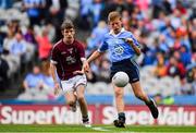 11 August 2018; Stephen McDowell, St.Michael’s College, Ballsbridge, Dublin, in action against Jack Gleeson, Ardcroney NS, Nenagh, Tipperary, representing Galway, during the INTO Cumann na mBunscol GAA Respect Exhibition Go Games at the GAA Football All-Ireland Senior Championship Semi Final match between Dublin and Galway at Croke Park in Dublin.  Photo by Brendan Moran/Sportsfile