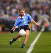 11 August 2018; Beth Hackett, St. Malachy’s PS Glencull, Ballygawley, Tyrone, representing Dublin, scores a point, from the sideline, during the INTO Cumann na mBunscol GAA Respect Exhibition Go Games at the GAA Football All-Ireland Senior Championship Semi Final match between Dublin and Galway at Croke Park in Dublin. Photo by Ray McManus/Sportsfile