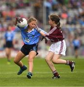 11 August 2018; Beth Hackett, St. Malachy’s PS Glencull, Ballygawley, Tyrone, representing Dublin, in action against Lucia McQuillan, Mary Queen of Peace, Martinstown, Antrim, representing Galway, during the INTO Cumann na mBunscol GAA Respect Exhibition Go Games at the GAA Football All-Ireland Senior Championship Semi Final match between Dublin and Galway at Croke Park in Dublin. Photo by Ray McManus/Sportsfile