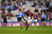 11 August 2018; Ruby O’Connell Bell, Our Lady of Good Counsel GNS, Dublin, in action against Muireann Rahilly, Scartaglen NS, Killarney, Kerry, representing Galway, during the INTO Cumann na mBunscol GAA Respect Exhibition Go Games at the GAA Football All-Ireland Senior Championship Semi Final match between Dublin and Galway at Croke Park in Dublin. Photo by Ray McManus/Sportsfile