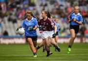 11 August 2018; Ana Dragusin, Scoil Mhuire na nÁird, Shillelagh, Wicklow, representing Dublin, in action against Ellis O’Flaherty, Knockanean NS, Ennis, Clare, representing Galway, during the INTO Cumann na mBunscol GAA Respect Exhibition Go Games at the GAA Football All-Ireland Senior Championship Semi Final match between Dublin and Galway at Croke Park in Dublin. Photo by Ray McManus/Sportsfile