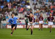 11 August 2018; Saoirse Martin, St Mary’s PS, Newtownbutler, Fermanagh, representing Dublin, in action against Ellis O’Flaherty, Knockanean NS, Ennis, Clare, representing Galway, during the INTO Cumann na mBunscol GAA Respect Exhibition Go Games at the GAA Football All-Ireland Senior Championship Semi Final match between Dublin and Galway at Croke Park in Dublin. Photo by Ray McManus/Sportsfile