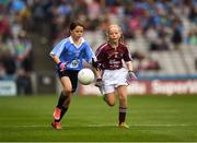 11 August 2018; Saoirse Martin, St Mary’s PS, Newtownbutler, Fermanagh, representing Dublin, in action against Gracie Crimmins, St Brigid’s PS Drumilly, Down, representing Galway,  during the INTO Cumann na mBunscol GAA Respect Exhibition Go Games at the GAA Football All-Ireland Senior Championship Semi Final match between Dublin and Galway at Croke Park in Dublin. Photo by Ray McManus/Sportsfile