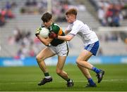 12 August 2018; Patrick D'arcy of Kerry in action against Michael Meehan of Monaghan during the Electric Ireland GAA Football All-Ireland Minor Championship Semi-Final match between Kerry and Monaghan at Croke Park, in Dublin. Photo by Ray McManus/Sportsfile