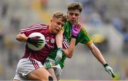 11 August 2018; Daniel Cox of Galway in action against Conor Farrelly of Meath during the Electric Ireland GAA Football All-Ireland Minor Championship semi-final match between Galway and Meath at Croke Park in Dublin. Photo by Brendan Moran/Sportsfile