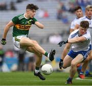 12 August 2018; Patrick D'arcy of Kerry has his shot blocked by Brendan Óg O Dufaigh of Monaghan during the Electric Ireland GAA Football All-Ireland Minor Championship Semi-Final match between Kerry and Monaghan at Croke Park, in Dublin. Photo by Ray McManus/Sportsfile