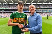 12 August 2018; Vincent Litchfield, Electric Ireland Manager at the Electric Ireland GAA Minor Championships, presents Paul O'Shea of Kerry with the Player of the Match award for his major performance in the Electric Ireland GAA Minor Football Championship Semi-Final. Throughout the Championships, fans can follow the conversation, vote for their player of the week, support the Minors and be a part of something major through the hashtag #GAAThisIsMajor.  Photo by Brendan Moran/Sportsfile
