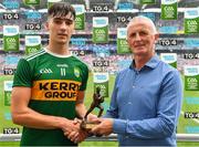 12 August 2018; Vincent Litchfield, Electric Ireland Manager at the Electric Ireland GAA Minor Championships, presents Paul O'Shea of Kerry with the Player of the Match award for his major performance in the Electric Ireland GAA Minor Football Championship Semi-Final. Throughout the Championships, fans can follow the conversation, vote for their player of the week, support the Minors and be a part of something major through the hashtag #GAAThisIsMajor.  Photo by Brendan Moran/Sportsfile