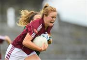 12 August 2018; Sarah Conneally of Galway in action against Emma Lowther of Mayo during the TG4 All-Ireland Ladies Football Senior Championship quarter-final match between Galway and Mayo at Dr. Hyde Park, in Roscommon. Photo by Eóin Noonan/Sportsfile
