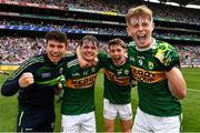 12 August 2018; Kerry players from left, Sean Og Moran along with Killian Falvey, Jack Kennelly and Darragh Lyne celebrate after the Electric Ireland GAA Football All-Ireland Minor Championship semi-final match between Kerry and Monaghan at Croke Park in Dublin. Photo by Brendan Moran/Sportsfile