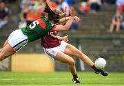 12 August 2018; Caitriona Cormican of Galway scores her side's first goal despite the efforts of Rachel Kearns of Mayo during the TG4 All-Ireland Ladies Football Senior Championship quarter-final match between Galway and Mayo at Dr. Hyde Park, in Roscommon. Photo by Eóin Noonan/Sportsfile