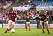 12 August 2018; Róisín Leonard of Galway scores her side's third goal despite the efforts of Rebecca O'Malley of Mayo during the TG4 All-Ireland Ladies Football Senior Championship quarter-final match between Galway and Mayo at Dr. Hyde Park, in Roscommon. Photo by Eóin Noonan/Sportsfile