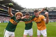 12 August 2018; Kerry players, from left, Paul Walsh, Dylan Geaney, and Marc Kelliher celebrate after the Electric Ireland GAA Football All-Ireland Minor Championship semi-final match between Kerry and Monaghan at Croke Park in Dublin. Photo by Piaras Ó Mídheach/Sportsfile