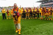 12 August 2018; The RNLI and GAA ‘Respect the Water’ partnership is showcased on the pitch in Croke Park during the All Ireland senior football semi-final between Monaghan and Tyrone. The search and rescue charity is currently delivering drowning prevention advice to local GAA clubs across Ireland. Pictured is RNLI lifeboat volunteer PJ Gallagher. Photo by Ramsey Cardy/Sportsfile