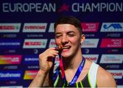 12 August 2018; Rhys McClenaghan of Ireland pictured with the gold medal after he won the Pommel Horse in the Senior Men's Gymnastics final during day eleven of the 2018 European Championships in Glasgow, Scotland. Photo by David Fitzgerald/Sportsfile