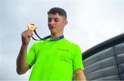 12 August 2018; Rhys McClenaghan of Ireland pictured with the gold medal after he won the Pommel Horse in the Senior Men's Gymnastics final during day eleven of the 2018 European Championships in Glasgow, Scotland. Photo by David Fitzgerald/Sportsfile