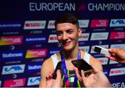 12 August 2018; Rhys McClenaghan of Ireland is interviewed by media after he won the Pommel Horse in the Senior Men's Gymnastics final during day eleven of the 2018 European Championships in Glasgow, Scotland. Photo by David Fitzgerald/Sportsfile