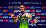 12 August 2018; Rhys McClenaghan of Ireland pictured with the gold medal after he won the Pommel Horse in the Senior Men's Gymnastics final during day eleven of the 2018 European Championships in Glasgow, Scotland. Photo by David Fitzgerald/Sportsfile