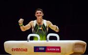 12 August 2018; Rhys McClenaghan of Ireland reacts after competing on the Pommel Horse in the Senior Men's Gymnastics final during day eleven of the 2018 European Championships in Glasgow, Scotland. Photo by David Fitzgerald/Sportsfile