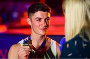 12 August 2018; Rhys McClenaghan of Ireland is interviewed by RTE after winning gold on the Pommel Horse in the Senior Men's Gymnastics final during day eleven of the 2018 European Championships in Glasgow, Scotland. Photo by David Fitzgerald/Sportsfile