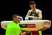 12 August 2018; Rhys McClenaghan of Ireland, right, with coach Luke Carson prior to competing on the Pommel Horse in the Senior Men's Gymnastics final during day eleven of the 2018 European Championships in Glasgow, Scotland. Photo by David Fitzgerald/Sportsfile