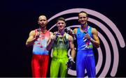 12 August 2018; Gold medallist Rhys McClenaghan of Ireland, centre, with silver medallist Saso Bertoncelj of Slovakia, right, and bronze medallist Robert Seligman of Croatia after the Pommel Horse in the Senior Men's Gymnastics final during day eleven of the 2018 European Championships in Glasgow, Scotland. Photo by David Fitzgerald/Sportsfile