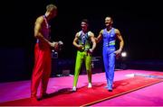 12 August 2018; Rhys McClenaghan of Ireland, left, is congratuled by silver medallist Saso Bertoncelj of Slovakia, right, and bronze medallist Robert Seligman of Croatia after winning gold on the Pommel Horse in the Senior Men's Gymnastics final during day eleven of the 2018 European Championships in Glasgow, Scotland. Photo by David Fitzgerald/Sportsfile
