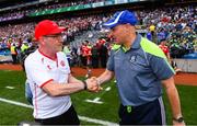 12 August 2018; Tyrone manager Mickey Harte, left, shakes hands with Monaghan manager Malachy O'Rourke following the GAA Football All-Ireland Senior Championship semi-final match between Monaghan and Tyrone at Croke Park in Dublin. Photo by Ramsey Cardy/Sportsfile
