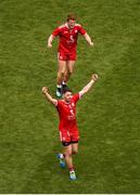 12 August 2018; Peter Harte, top, and Matthew Donnelly of Tyrone celebrate at the whistle of the GAA Football All-Ireland Senior Championship Semi-Final match between Monaghan and Tyrone at Croke Park, in Dublin. Photo by Daire Brennan/Sportsfile