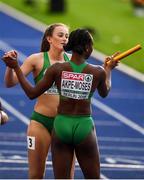 12 August 2018; Gina Akpe-Moses, right, and Ciara Neville of Ireland after competing in the Women's 4x100m Relay event during Day 6 of the 2018 European Athletics Championships at The Olympic Stadium in Berlin, Germany. Photo by Sam Barnes/Sportsfile