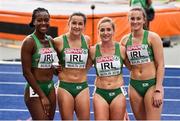 12 August 2018; Athletes, from left, Gina Akpe-Moses, Phil Healy, Joan Healy and Ciara Neville of Ireland after competing in the Women's 4x100m Relay event during Day 6 of the 2018 European Athletics Championships at The Olympic Stadium in Berlin, Germany. Photo by Sam Barnes/Sportsfile